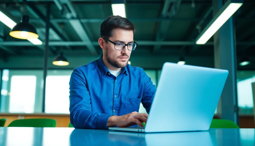 Analisi con TraderBrick: professionista che utilizza un laptop per l'analisi immobiliare.