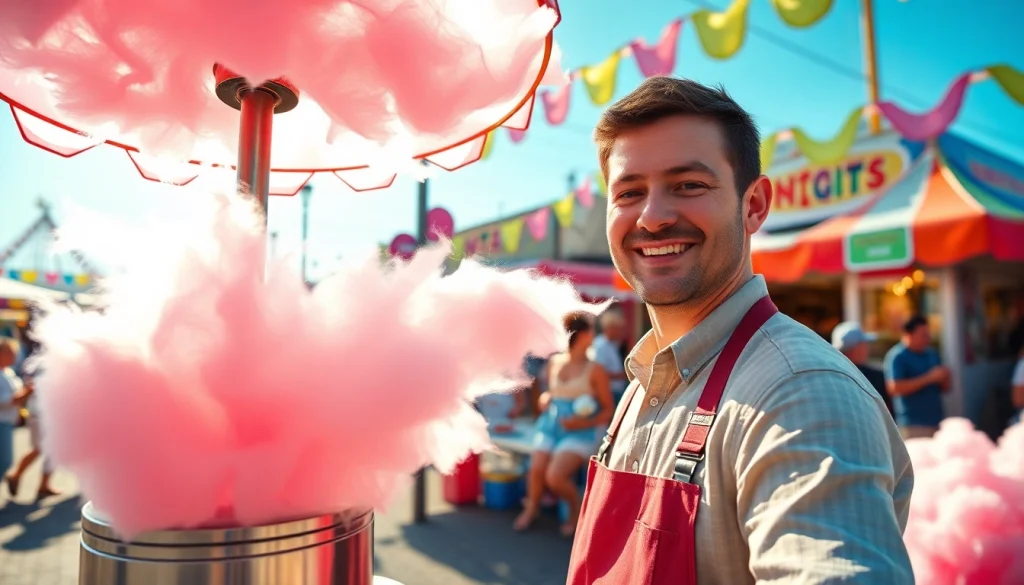 Maak heerlijke wafel katoen in een levendige kermisatmosfeer.