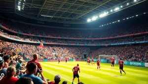 Fans watching a Koora live soccer match, with vibrant colors and dynamic action on the field.