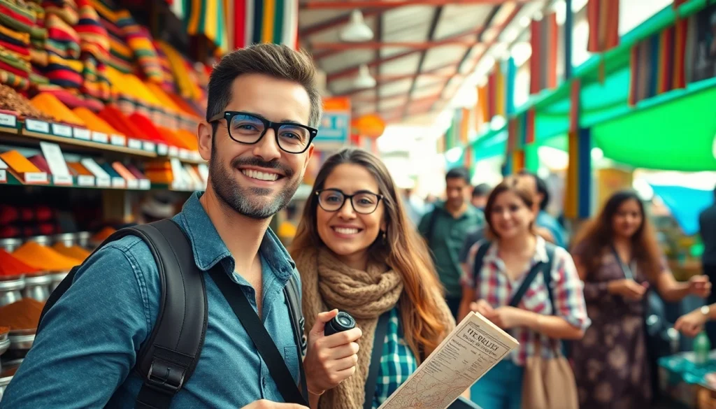 Engaging visuals of travelers and market scenes, highlighting https://travelingossip.com travel stories and cultures.