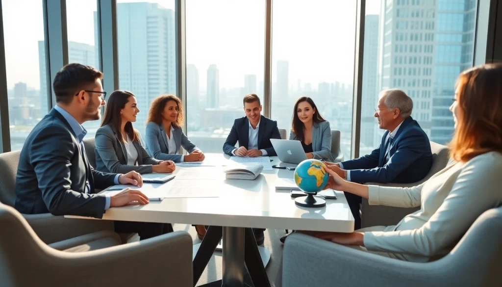 Real estate agents collaborate in international business real estate negotiations in a modern office.