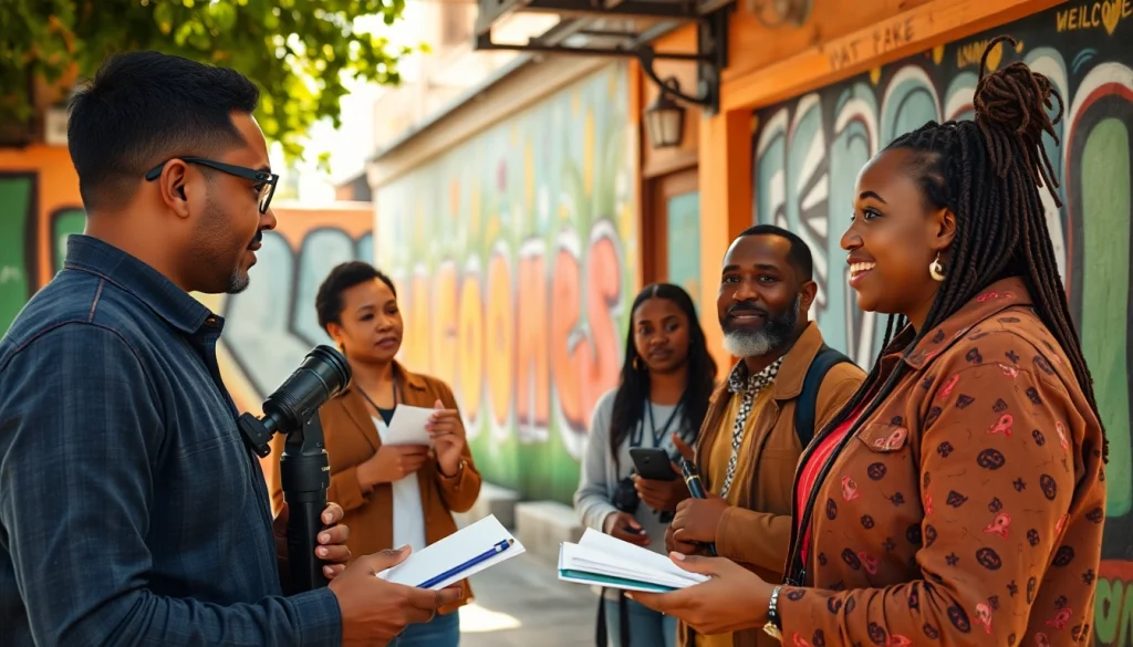 Engaging interview scene showcasing community voices on https://2urbangirls.com in a vibrant urban backdrop.