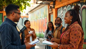 Engaging interview scene showcasing community voices on https://2urbangirls.com in a vibrant urban backdrop.