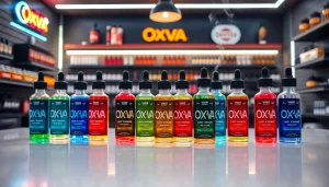 Oxva Liquid bottles neatly arranged on a table highlighting vibrant colors and a modern vibe.