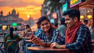 Engaged participants in sports betting in India reviewing odds at a café with Indian architecture.