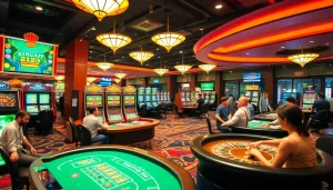 KJC AC 1 immersive casino scene showcasing tables, cards, and slot machines for an engaging gambling experience.