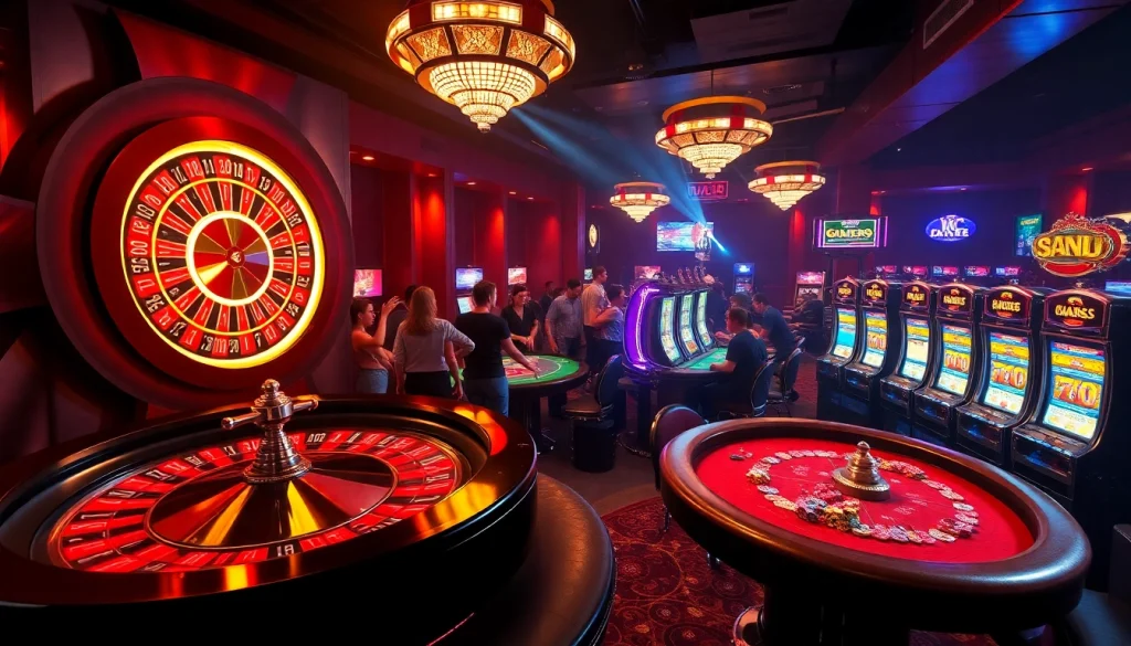 Exciting casino environment showcasing gaming elements like poker tables and slot machines at KJC AC 1.