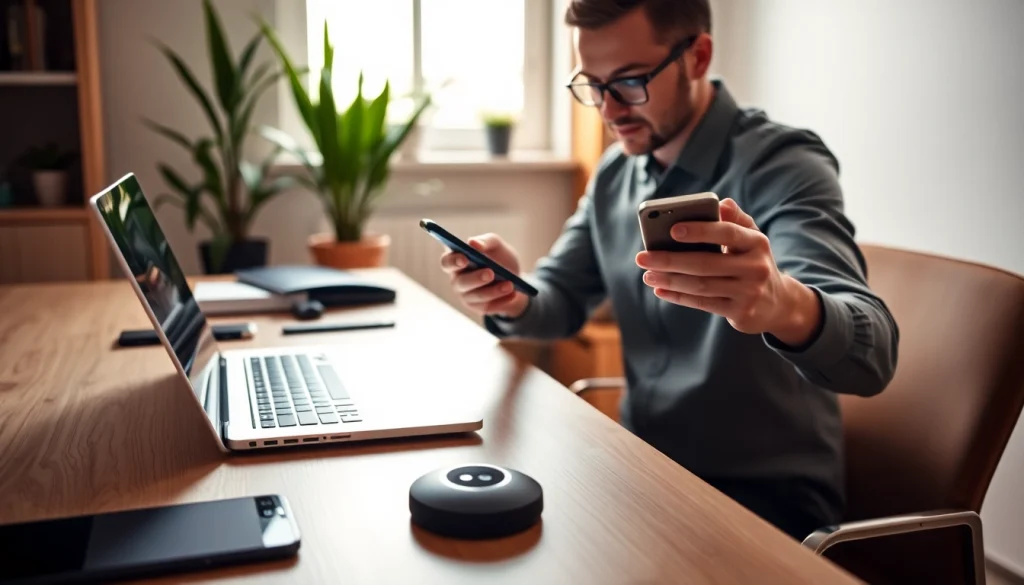 Set up eSIM on a smartphone at https://esimfo.com in a modern home office.