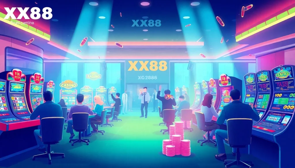 Experience the engaging world of Trang Chủ XX88 with a vibrant casino scene showcasing thrilling gameplay.