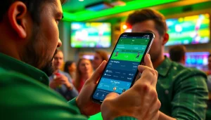 Enjoy betting with the best sports betting apps in India showcased on a smartphone in an energetic sports bar.