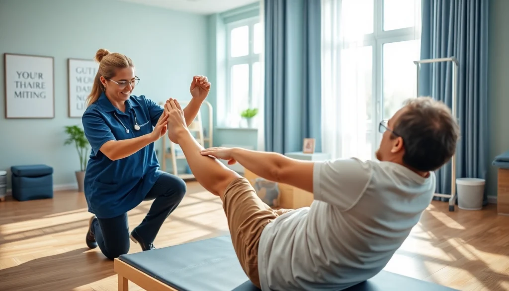 Health in Motion Rehabilitation therapist helping a patient with recovery exercises in a bright clinic.