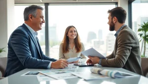 Interacting with a professional Immobilienmakler auf https://frankfurt-bester-immobilienmakler.de in a lively office setting.