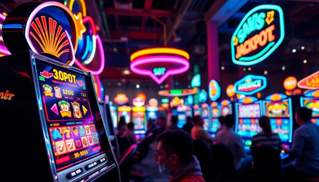 Menangkan di sayapbola slot dengan slot machine yang penuh warna dan pemain bersemangat.