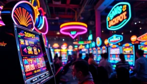 Menangkan di sayapbola slot dengan slot machine yang penuh warna dan pemain bersemangat.
