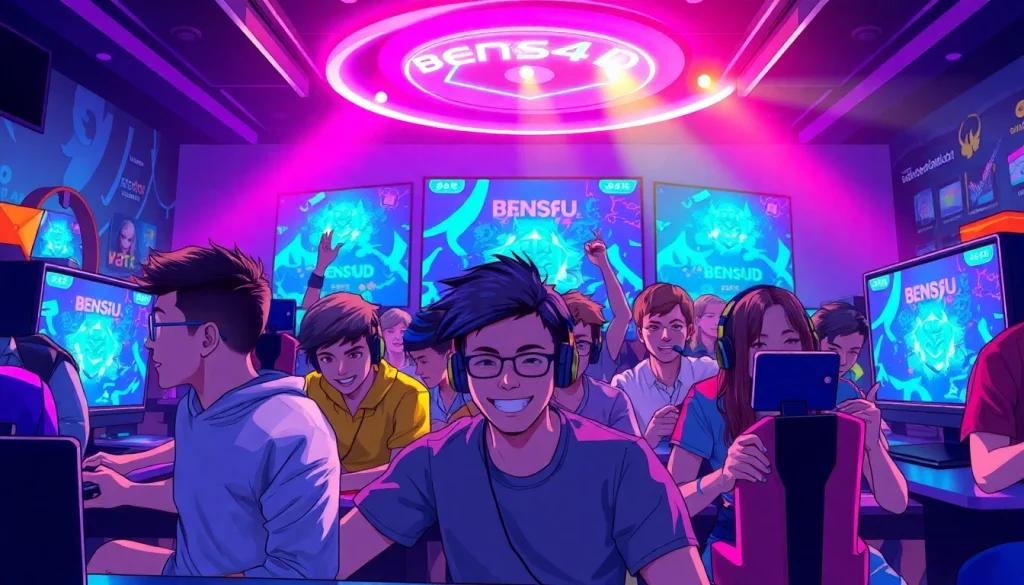 Gamers enjoying the bensu4d game in an energetic and colorful gaming lounge.