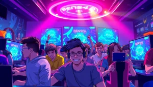 Gamers enjoying the bensu4d game in an energetic and colorful gaming lounge.