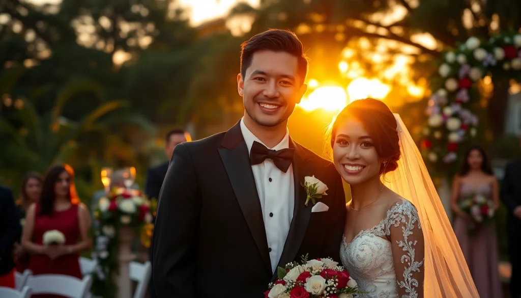 Tampa FL wedding photographers capturing a joyful couple during sunset wedding ceremony.