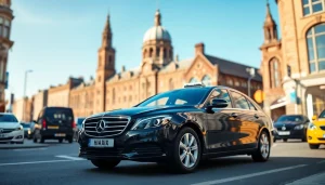 Book Nottingham to Heathrow Taxi featuring a professional black saloon in a vibrant Nottingham street.