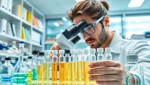 Research peptides examined by a scientist in a vibrant laboratory, emphasizing innovation and precision.