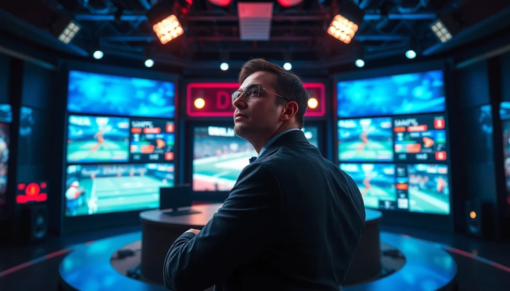 스포츠중계 중인 프로 스포츠 분석가의 생생한 모습과 모니터들을 포함한 세팅입니다.