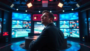 스포츠중계 중인 프로 스포츠 분석가의 생생한 모습과 모니터들을 포함한 세팅입니다.