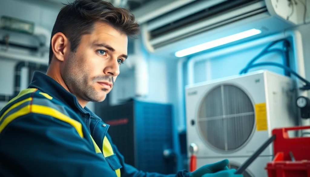 Technician at https://nobleheatingairservices.com working on an HVAC unit with tools and equipment in a bright room.