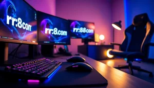 Showcase of a high-end gaming setup with rr88.com on the screens and a vibrant atmosphere.