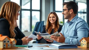 Beratung durch https://immobilienmakler-bester.de in einem modernen Büro mit Immobilienbroschüren.