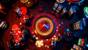 Experience the thrill of gambling at mm88 com, featuring vibrant casino tables, exciting players, and spinning roulette wheels.