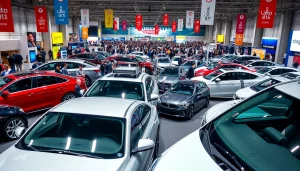 Visitors enjoying the vibrant Auto Cars Show featuring diverse modern vehicles.