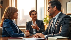 Engaged attorney from https://www.buckheadfamilylaw.com counseling clients in a warm office environment.