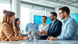 Showcasing a collaborative team managing services in a bright office environment.