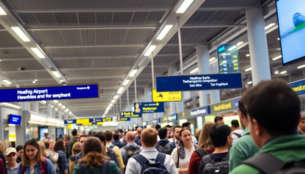 Travelers checking in at Heathrow Airport with modern architecture and bright lights.