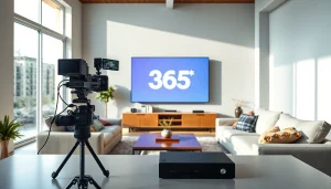 365티비주소 스트리밍 장치가 있는 현대적인 거실의 포근한 세팅