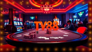 Experience the excitement of TV88 at a luxurious gambling table with vibrant chips and slot machines.