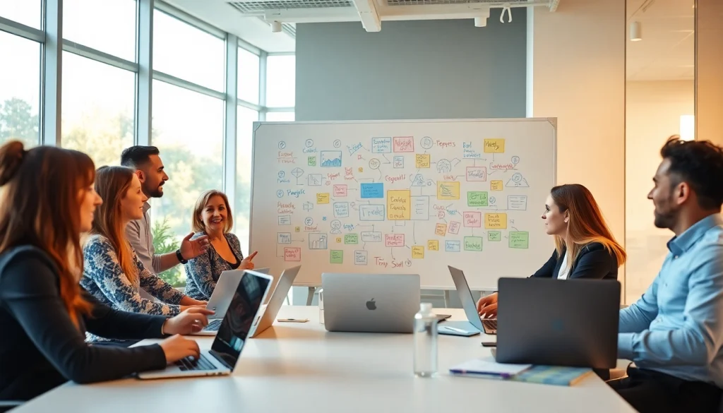 Engaged team discussing strategies at https://valuesfirst.com in a modern office environment.