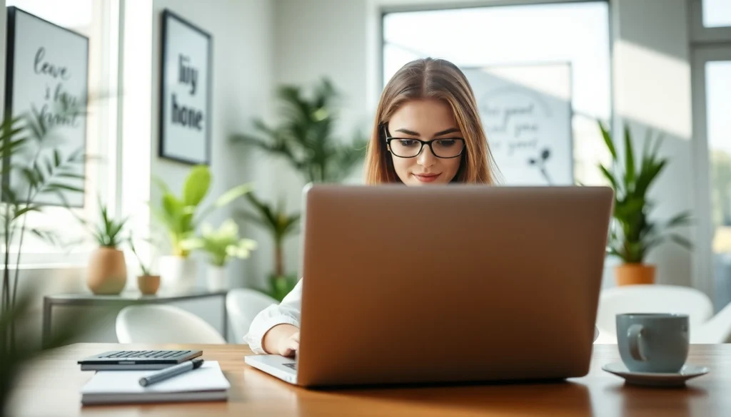 Explore a professional assistant using a chatgpt free alternative on a sleek laptop in a modern workspace.