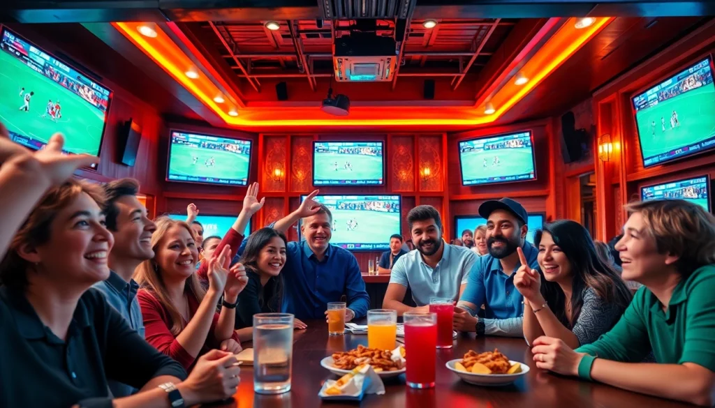 스포츠중계를 즐기는 사람들의 활기찬 모습과 다양한 경기 화면.