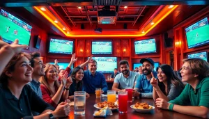 스포츠중계를 즐기는 사람들의 활기찬 모습과 다양한 경기 화면.