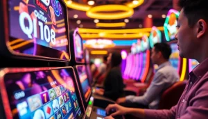 Menampilkan QRIS108 Slot saat dimainkan dengan pemain antusias di latar belakang.