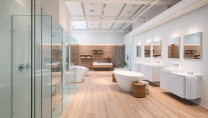 Die eleganten Produkte der sonni sanitär GmbH in einem modernen Badezimmer-Showroom präsentieren