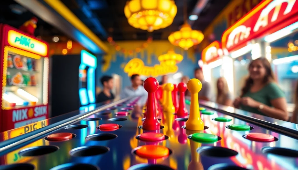Engaging scene of a plinko game in a lively arcade, highlighting colorful pegs and excited players.