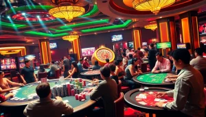 Engaging players at the Trang Chủ QQ88 casino, immersed in vibrant games with colorful chips and cards.