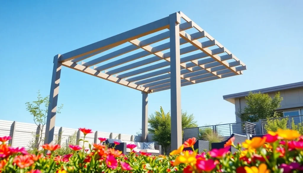 A stunning modern steel pergola enhancing outdoor living spaces with elegant design and features.