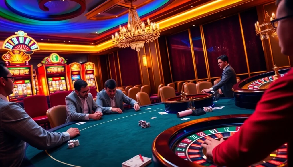 Marvelbet card game action featuring poker players and roulette wheel excitement.