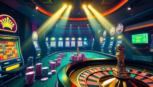 Engage with the excitement of gambling at Okbay tải app featuring vibrant tables, dynamic lighting, and colorful chips.
