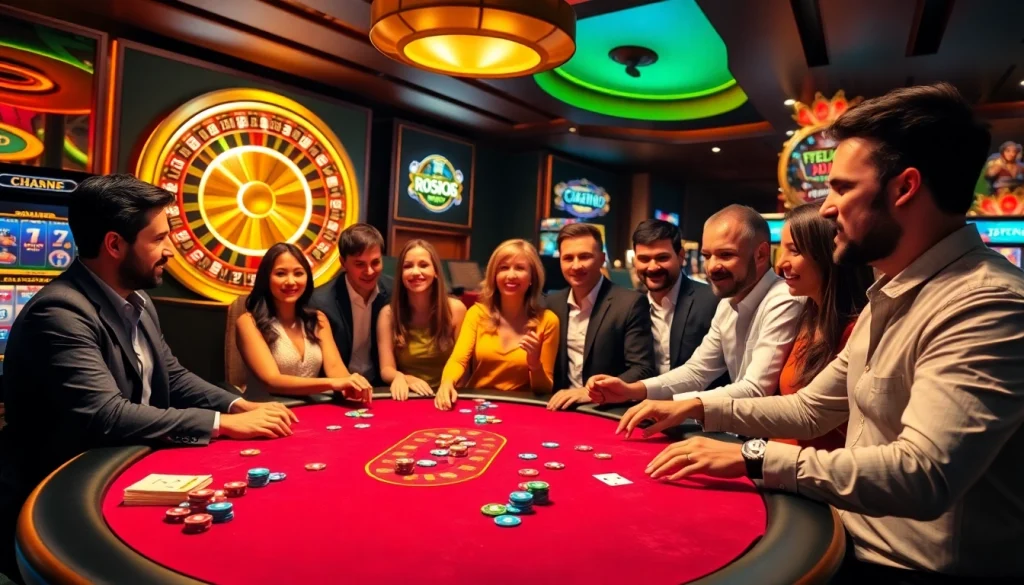 Exciting gaming scene at 123b casino with poker table and colorful chips.