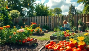 Gardening in a vibrant backyard with blooming plants and a gardener tending to vegetables.