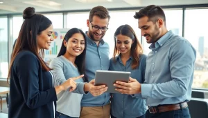 Agency team brainstorming in a modern office, highlighting collaboration and innovation.