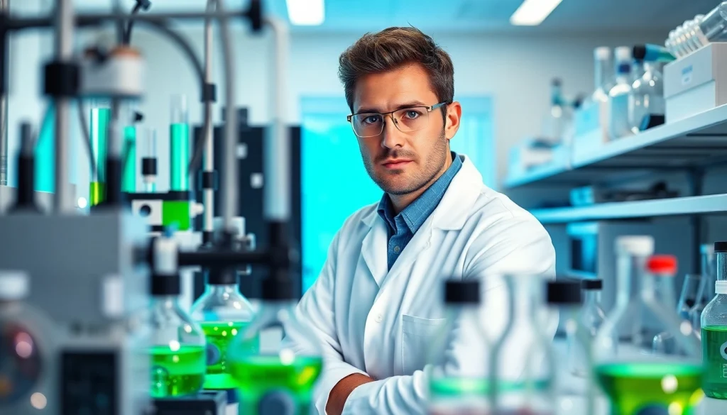 Scientist conducting peptide synthesis showcasing USA peptide source in a modern lab setting.